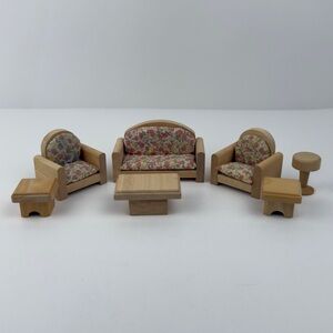 PlanToys Dollhouse Living Room Furniture Set Sofa Chairs Tables Wood 1:12